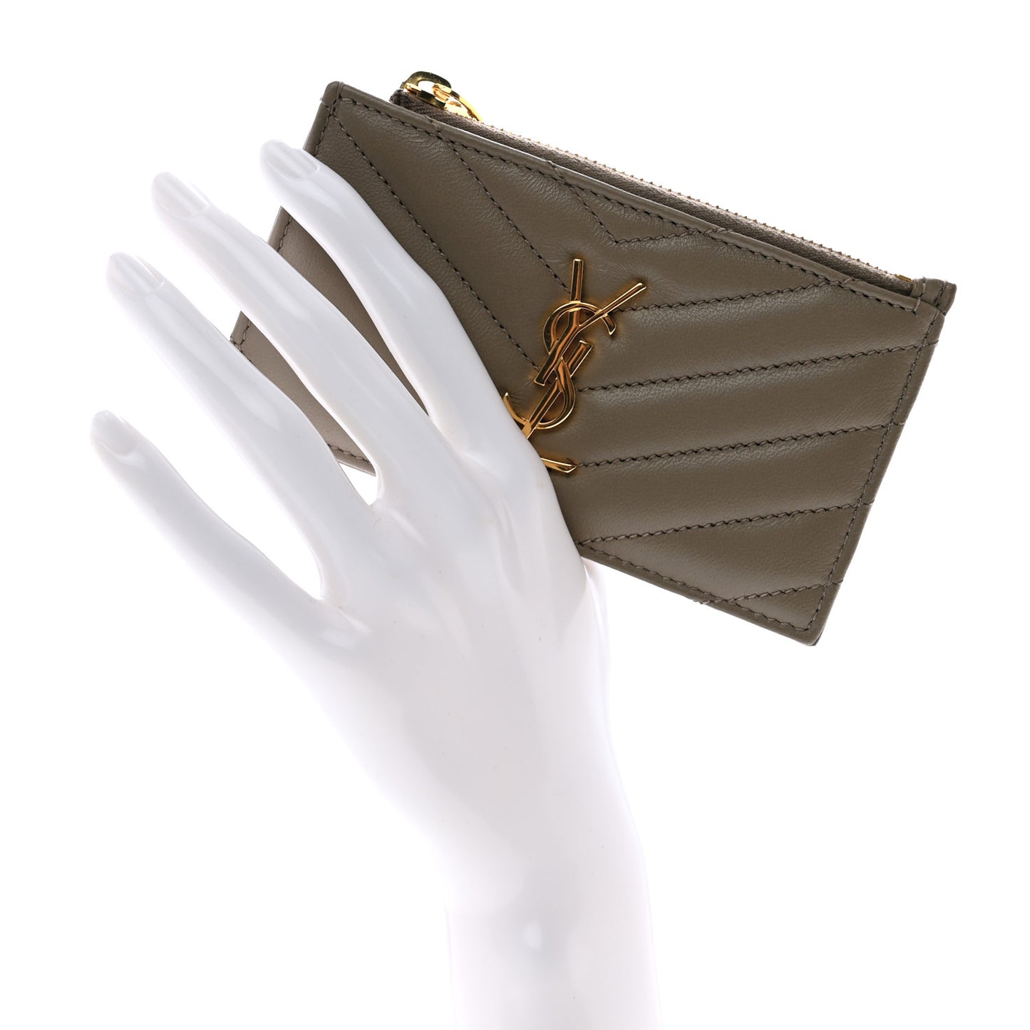 Calfskin Matelasse Chevron Monogram Fragments Zippered Card Case Greyish Brown