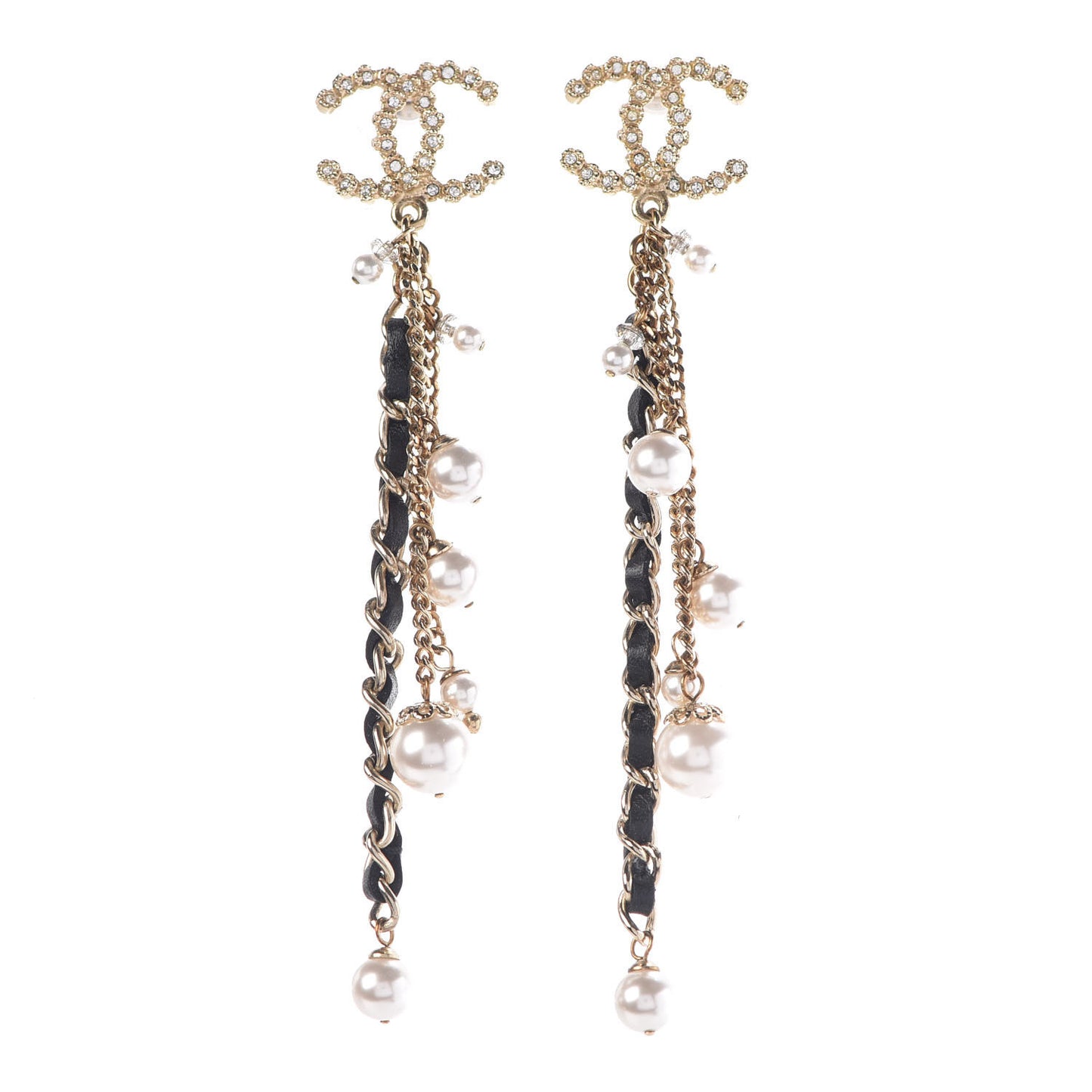 Pearl Crystal Lambskin Chain CC Dangle Earrings Gold