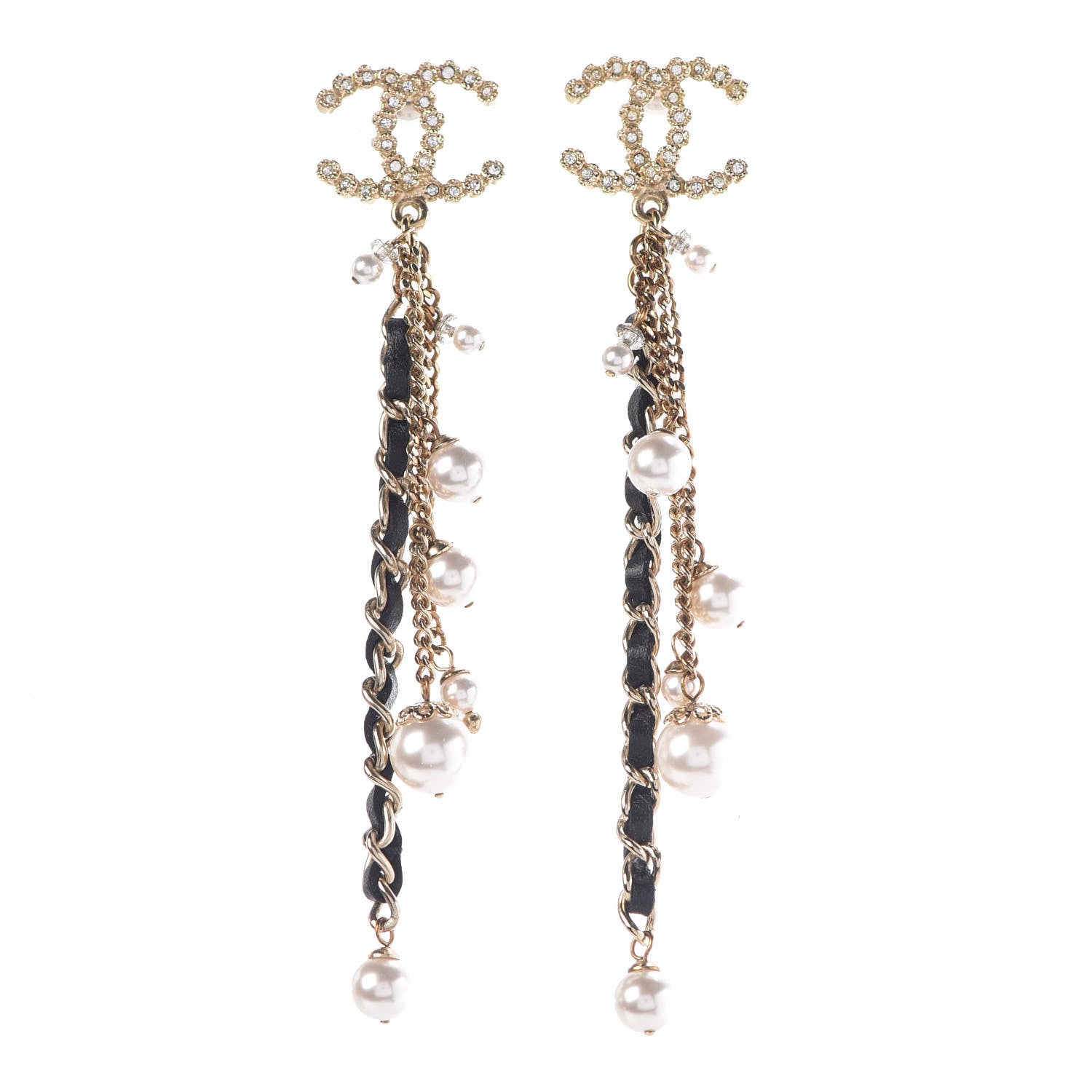 Chanel Pearl Crystal Lambskin Chain CC Dangle Earrings Gold 1 of 4