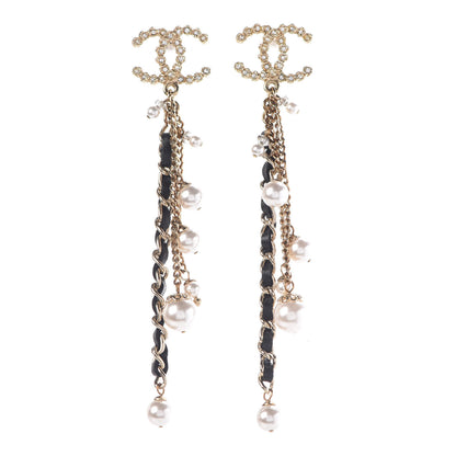 Chanel Pearl Crystal Lambskin Chain CC Dangle Earrings Gold 1 of 4