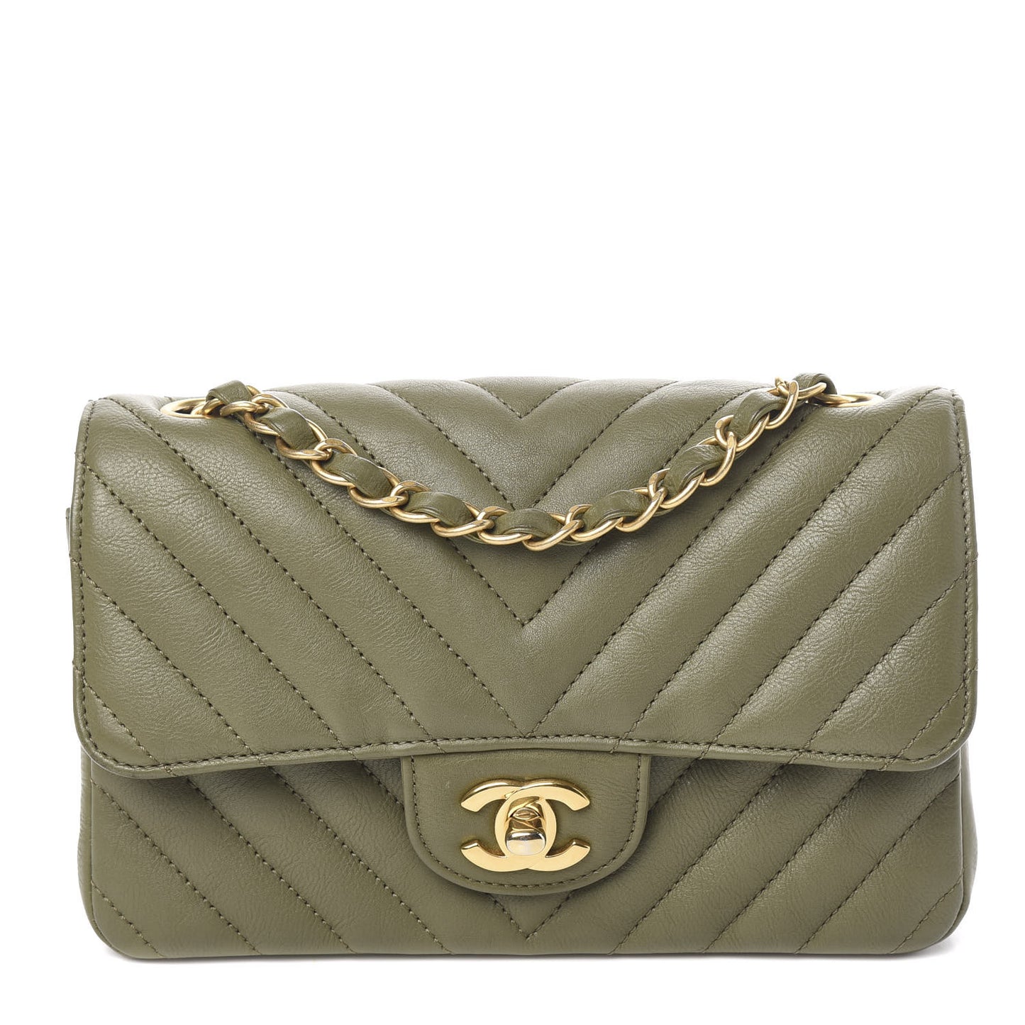Calfskin Chevron Quilted Mini Rectangular Flap Khaki