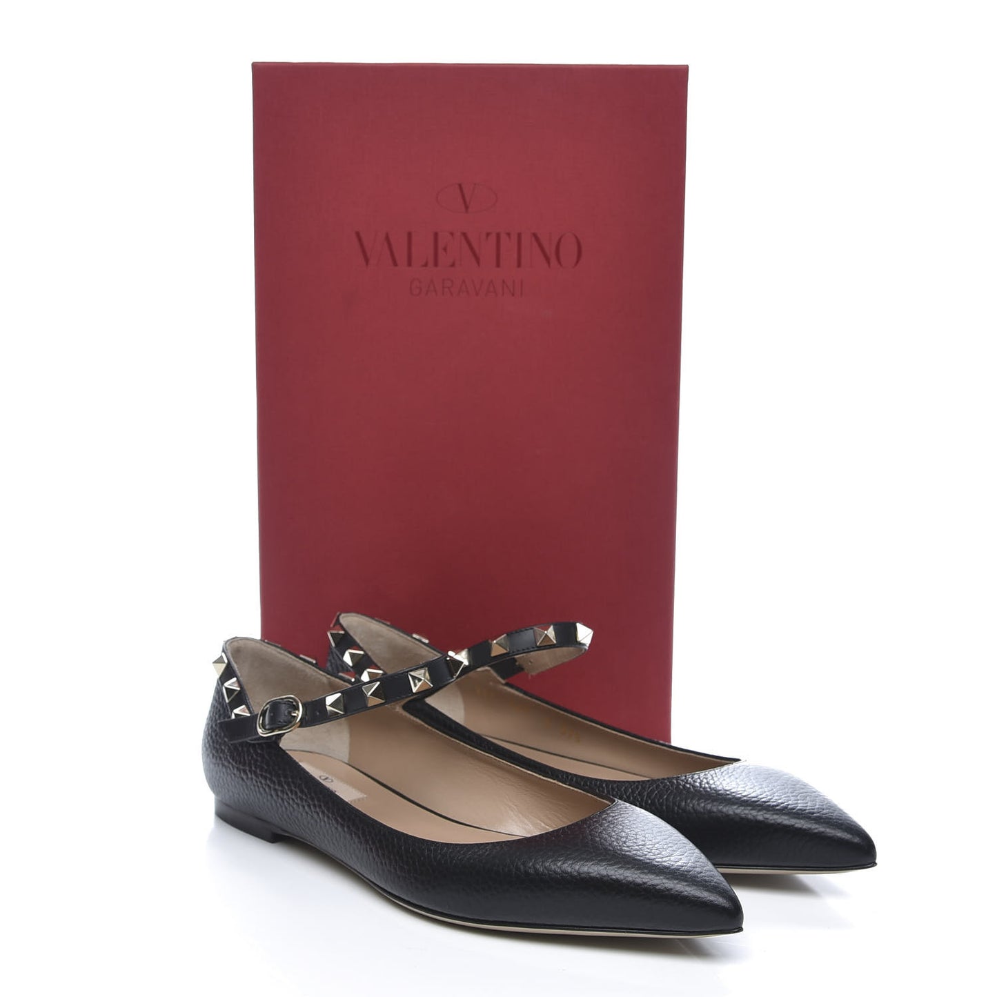 Pebbled Calfskin Rockstud Ankle Strap Ballerina Flats 37.5 Black