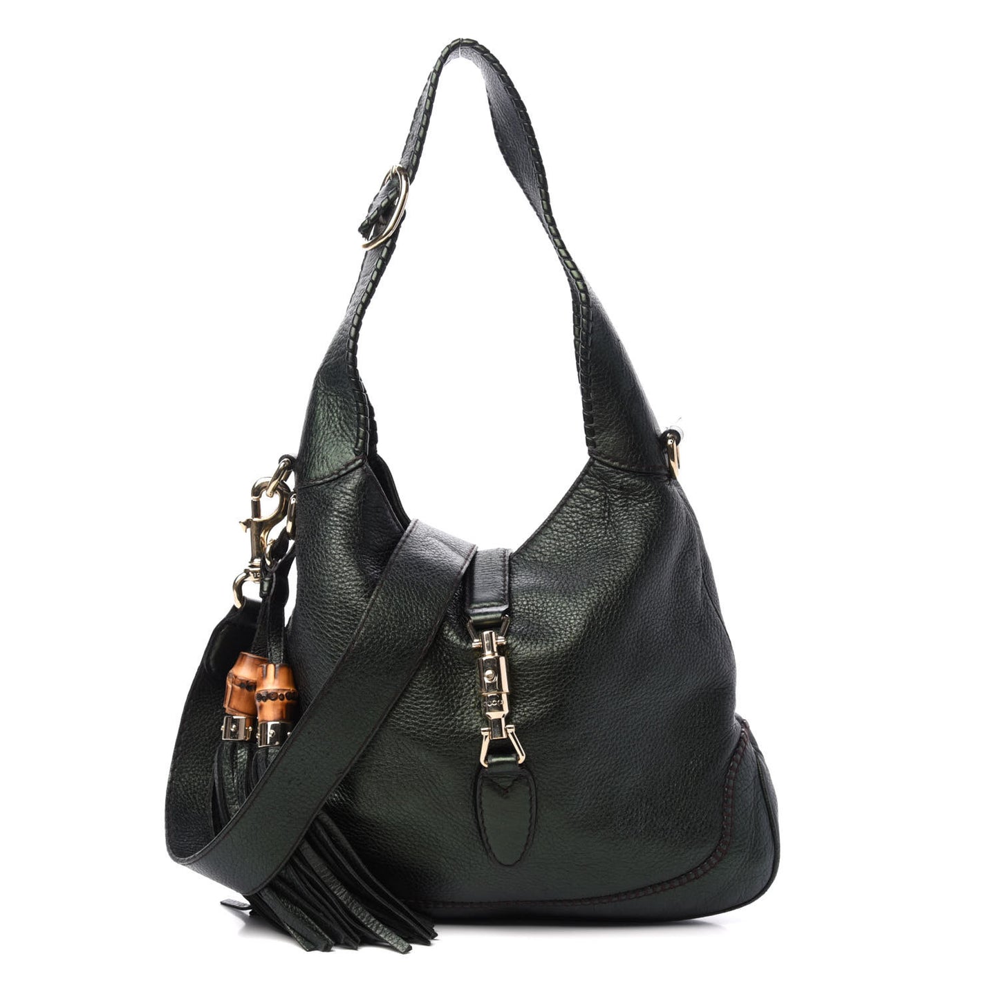 Metallic Pebbled Calfskin Large New Jackie Shoulder Bag Green