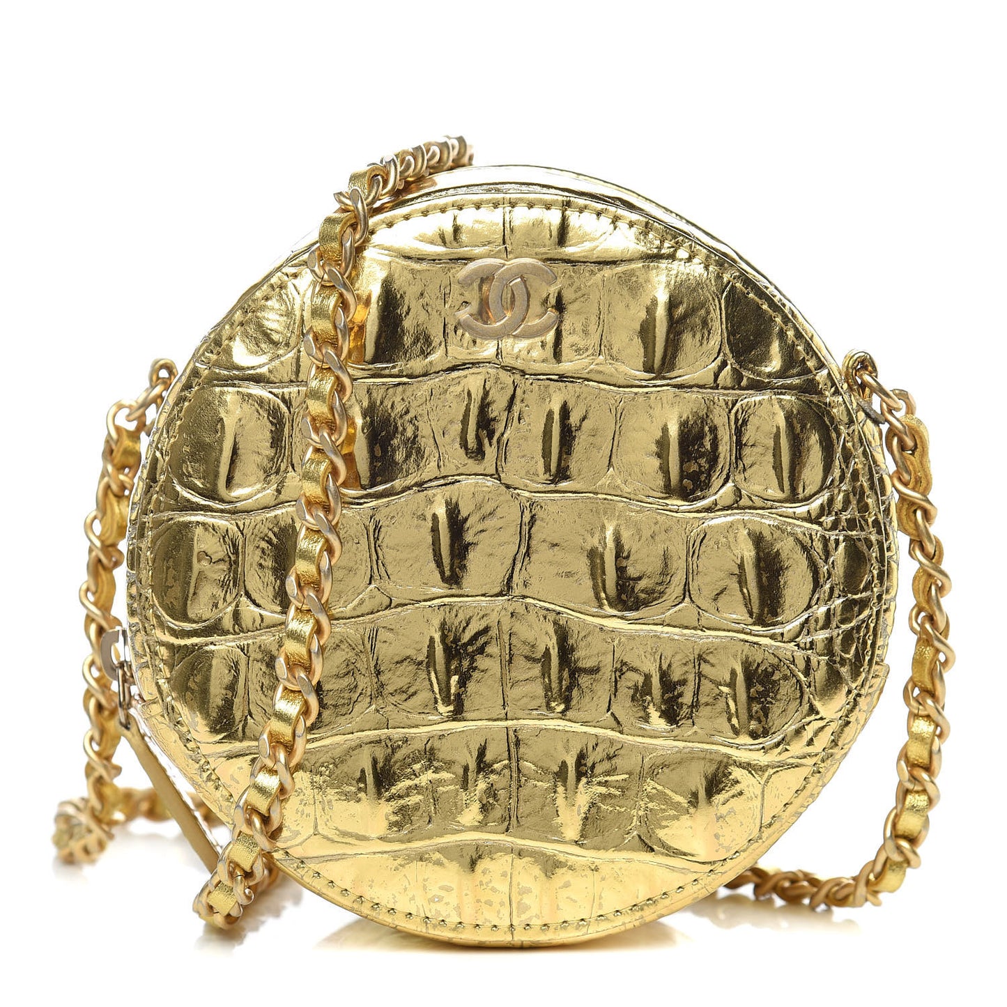 Metallic Calfskin Crocodile Embossed Cocodile Round Clutch with Chain Gold