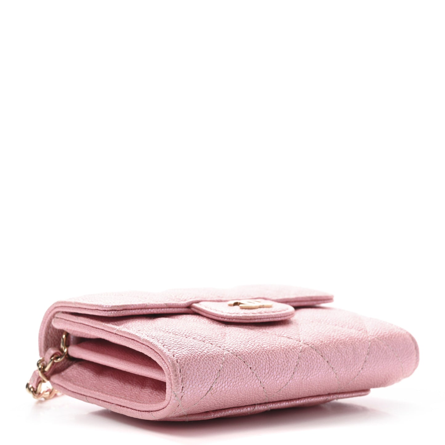 Iridescent Caviar Quilted Flap Card Holder On Chain Pink