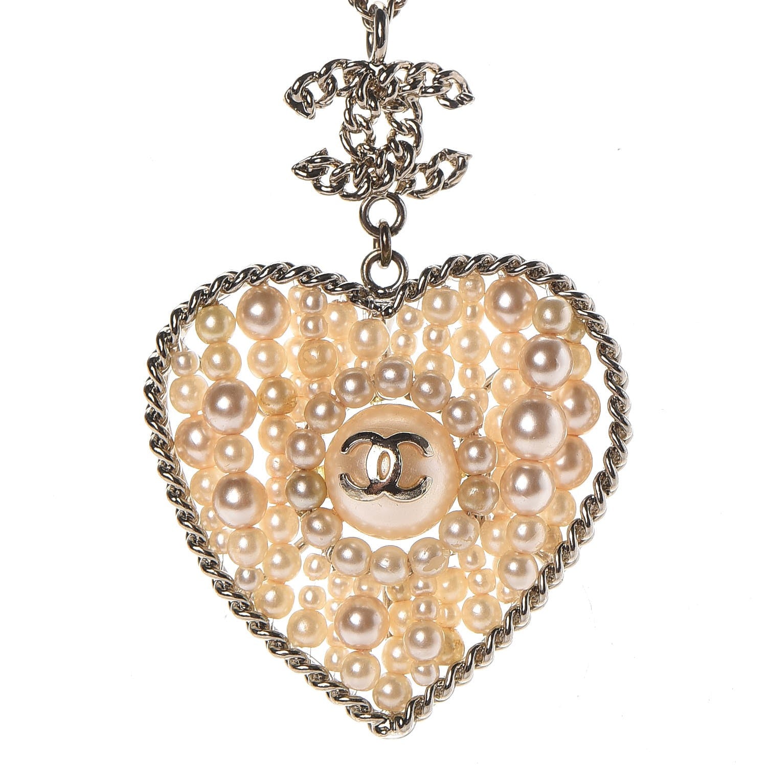 Chanel Pearl CC Chain Heart Medallion Necklace Light Gold 4 of 7