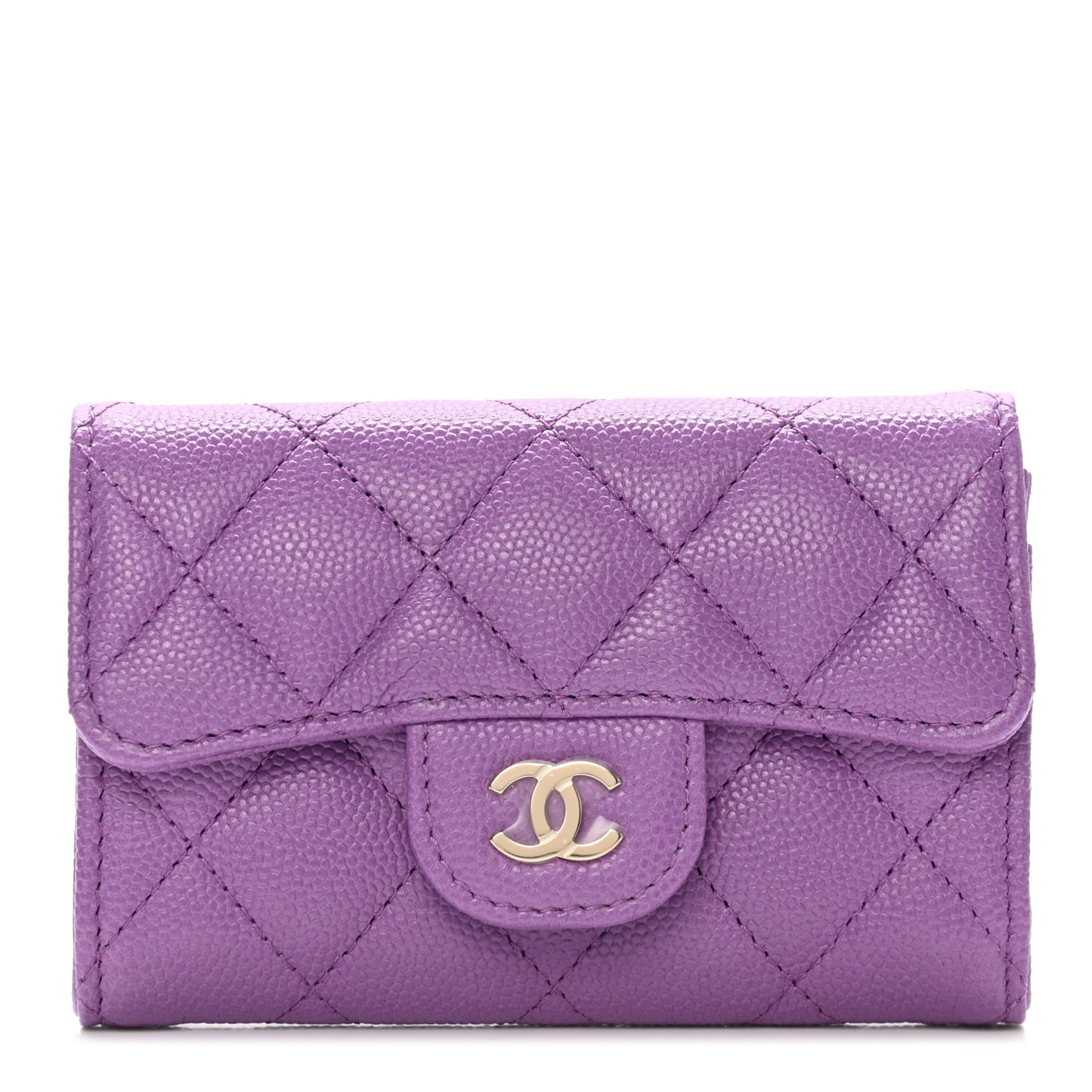 Caviar Quilted Flap Card Holder Wallet Purple
