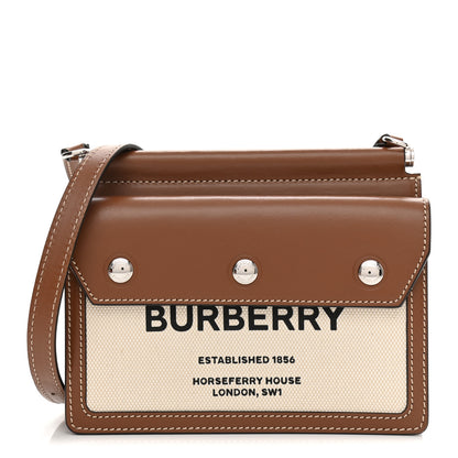 Burberry Smooth Calfskin Canvas Horseferry Print Mini Title Bag with Pocket Natural Malt Brown 1 of 10