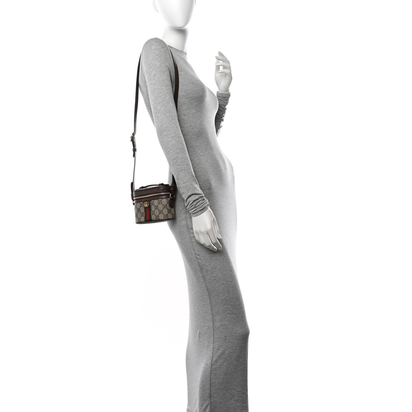 GG Supreme Monogram Textured Calfskin Web Mini Ophidia Top Handle Bag Beige Ebony New Acero