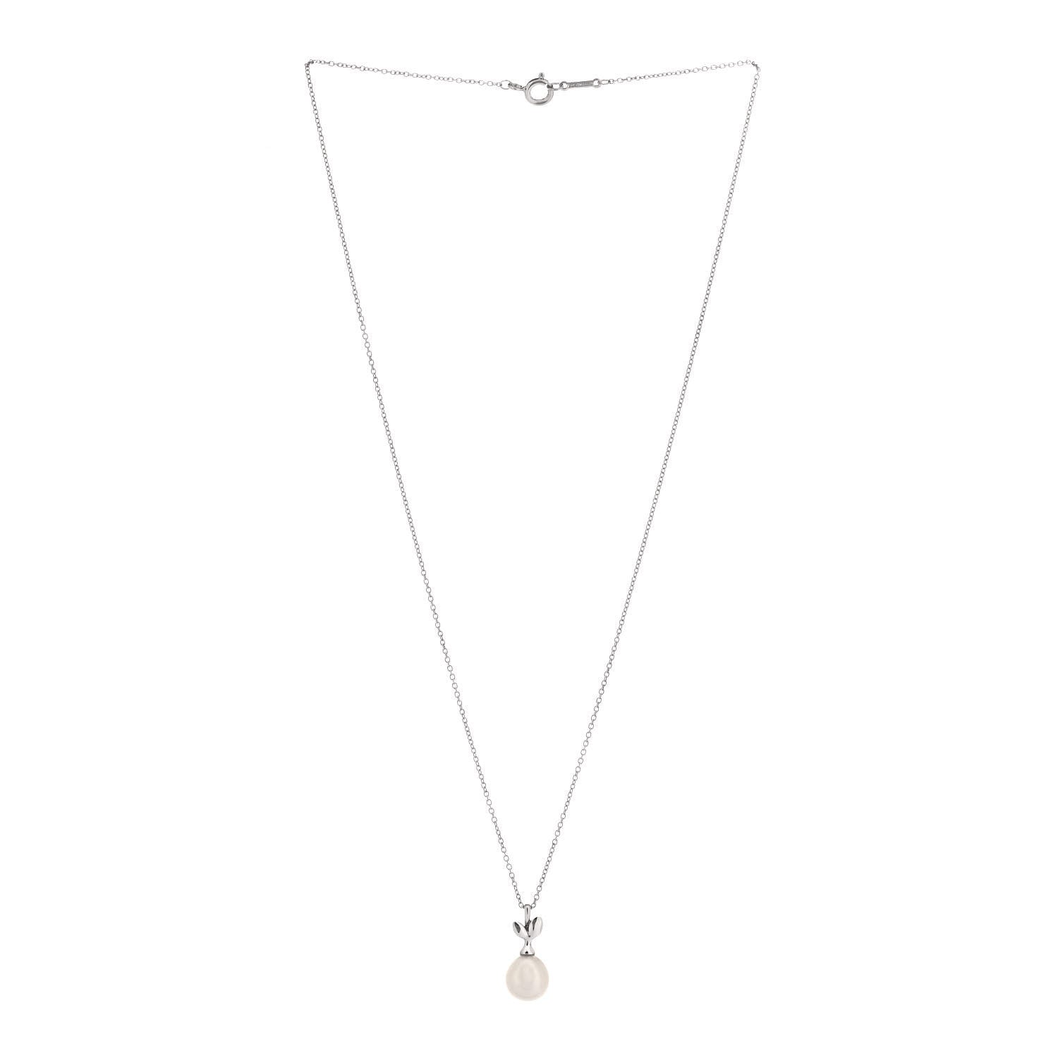 Tiffany Sterling Silver Pearl Paloma Picasso Olive Leaf Drop Pendant Necklace 2 of 4