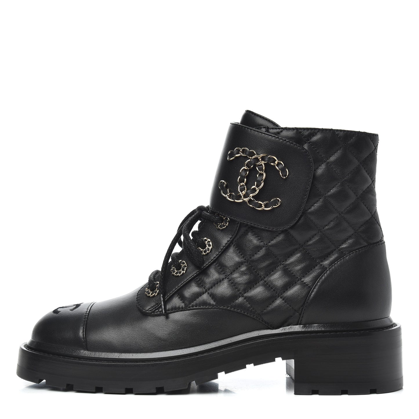 Shiny Lambskin Quilted Lace Up Combat Boots 39 Black
