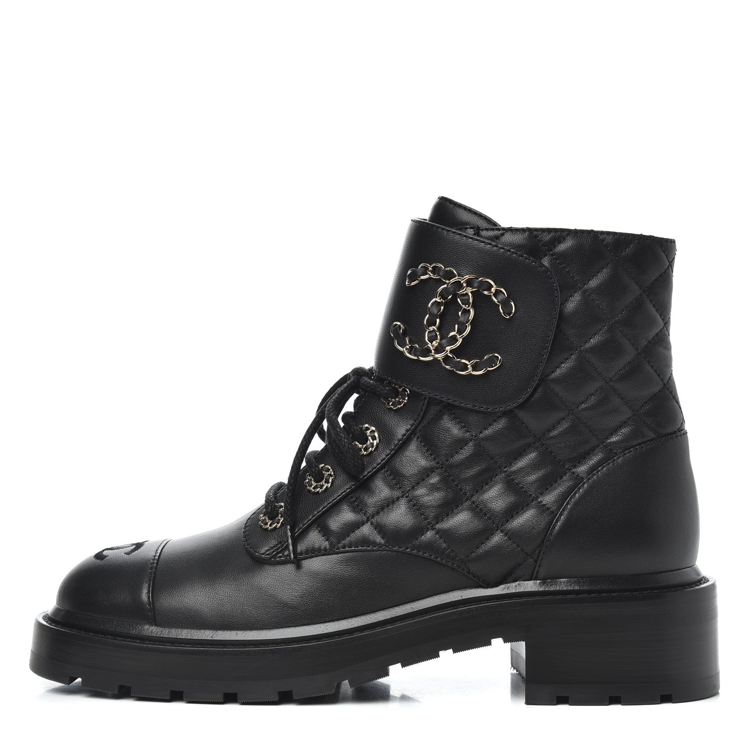 Chanel Shiny Lambskin Quilted Lace Up Combat Boots 39 Black 1 of 10