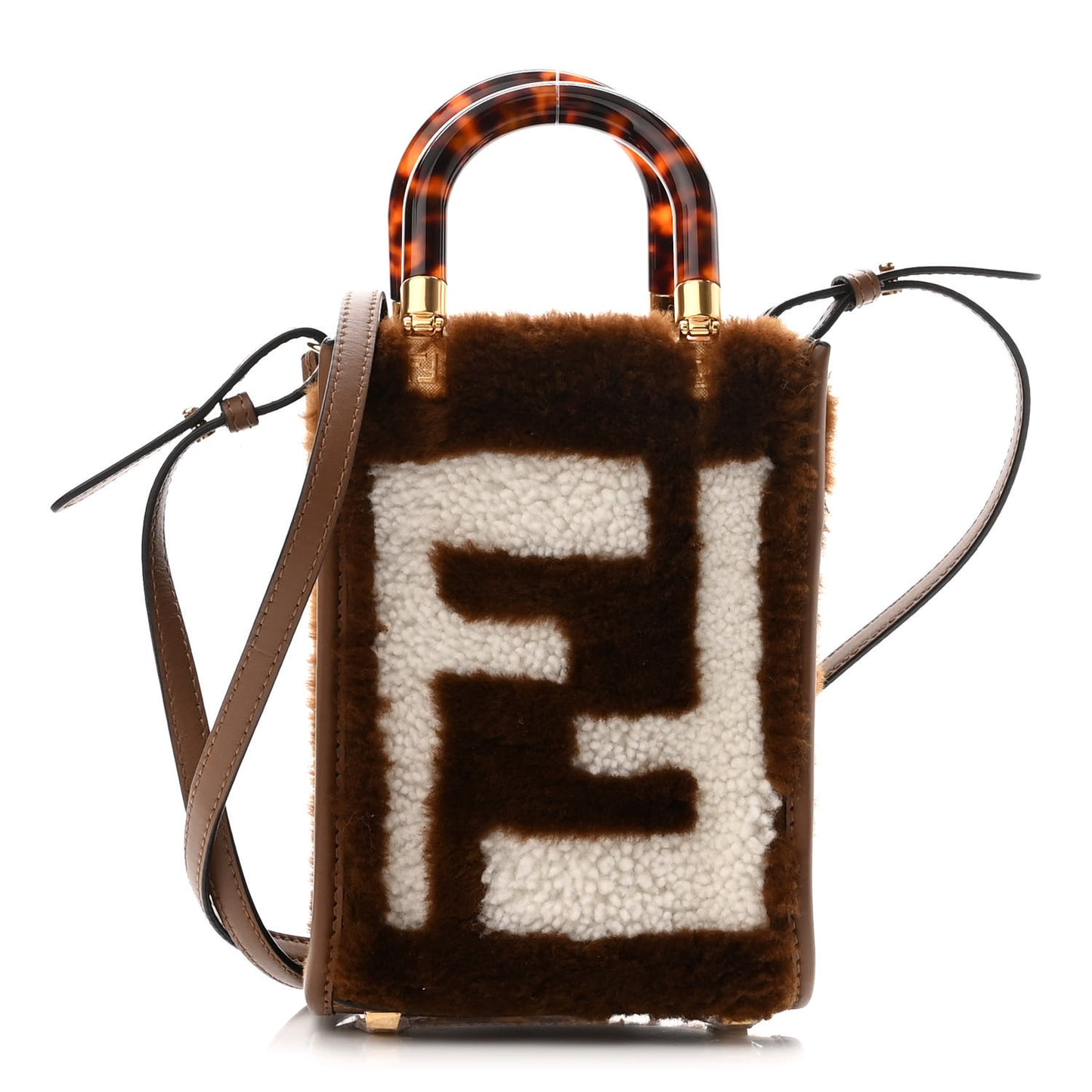Shearling Plexiglass FF Mini Fendi Sunshine Shopper Tote Forresta White