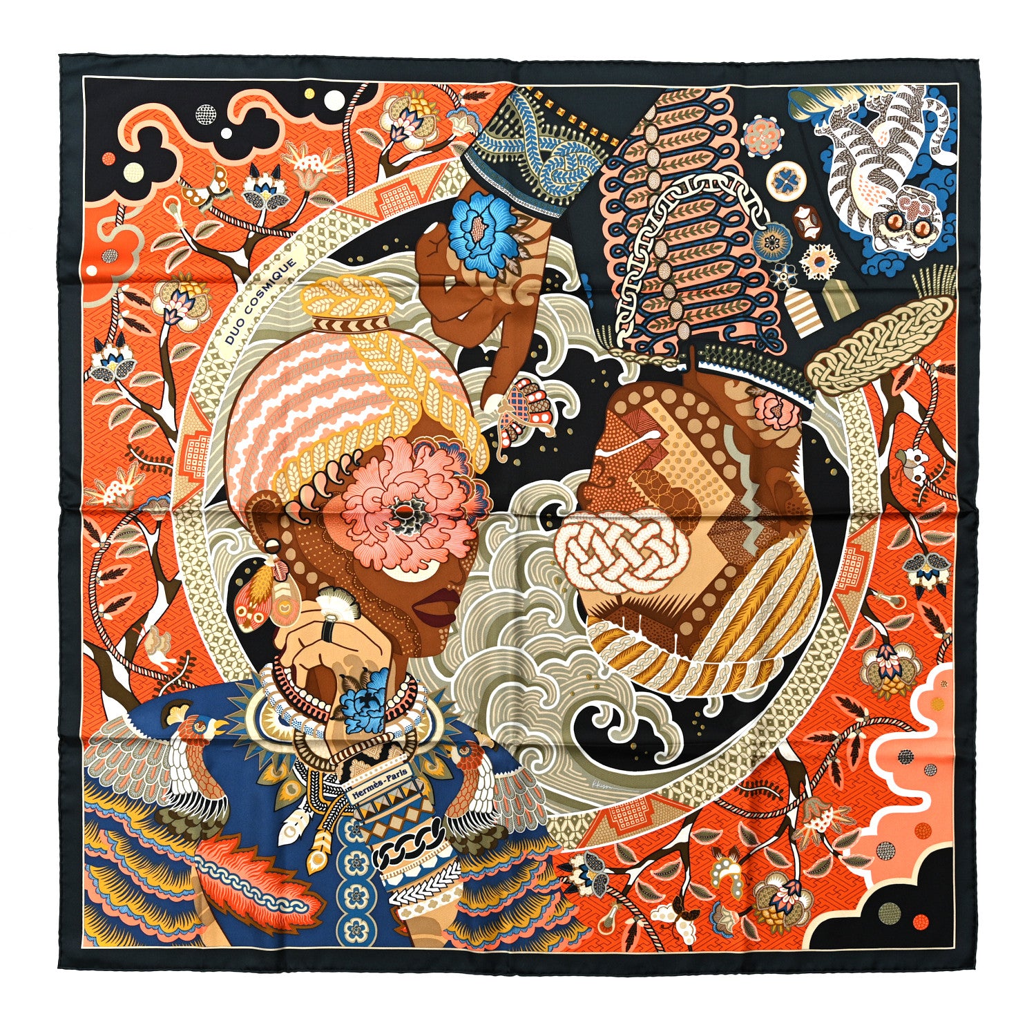 Hermes Silk Twill Duo Cosmique Scarf 90 Vert Black Corail 1 of 6