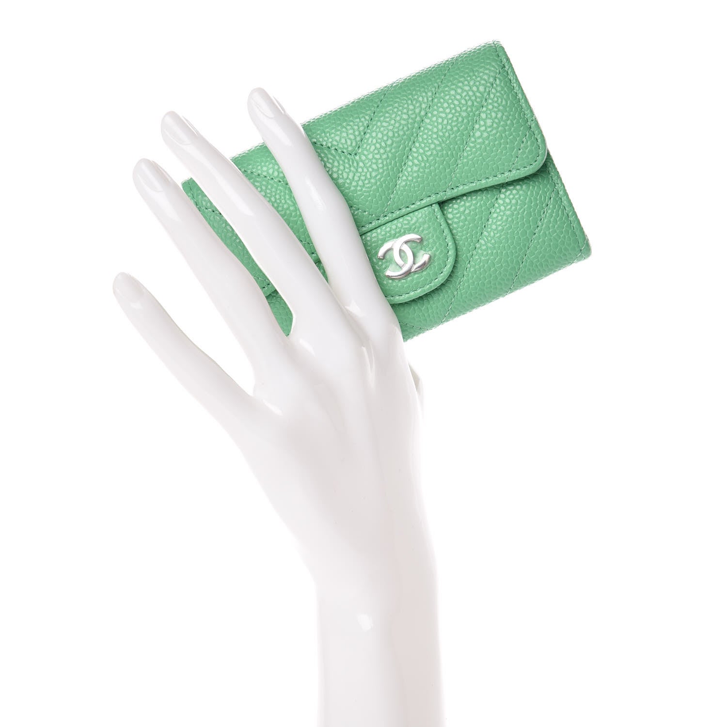 Chanel Caviar Chevron Quilted Card Holder Wallet Light Green 2 of 8