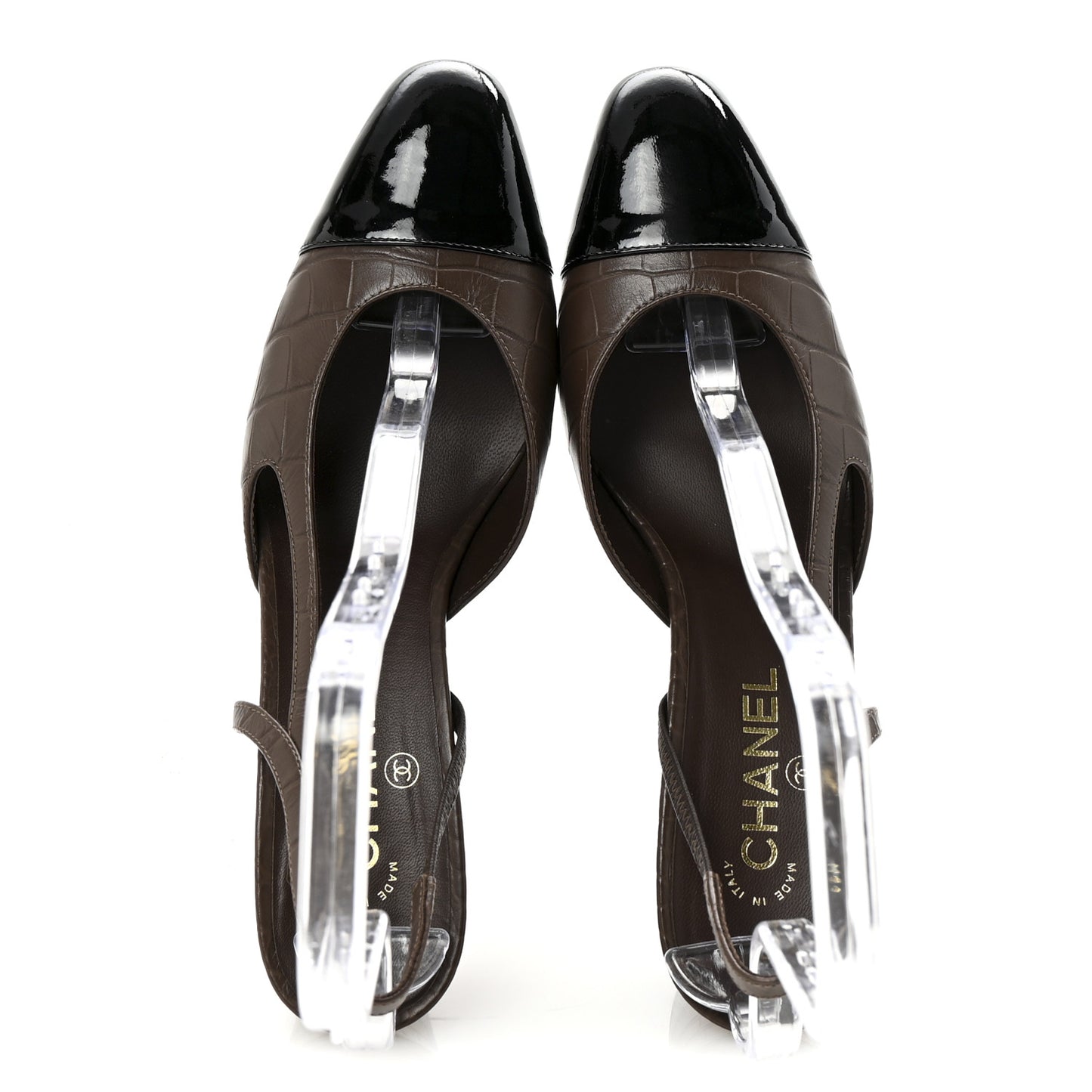 Calfskin Crocodile Embossed Patent Cap Toe CC Slingback Sandals 41 Brown Black