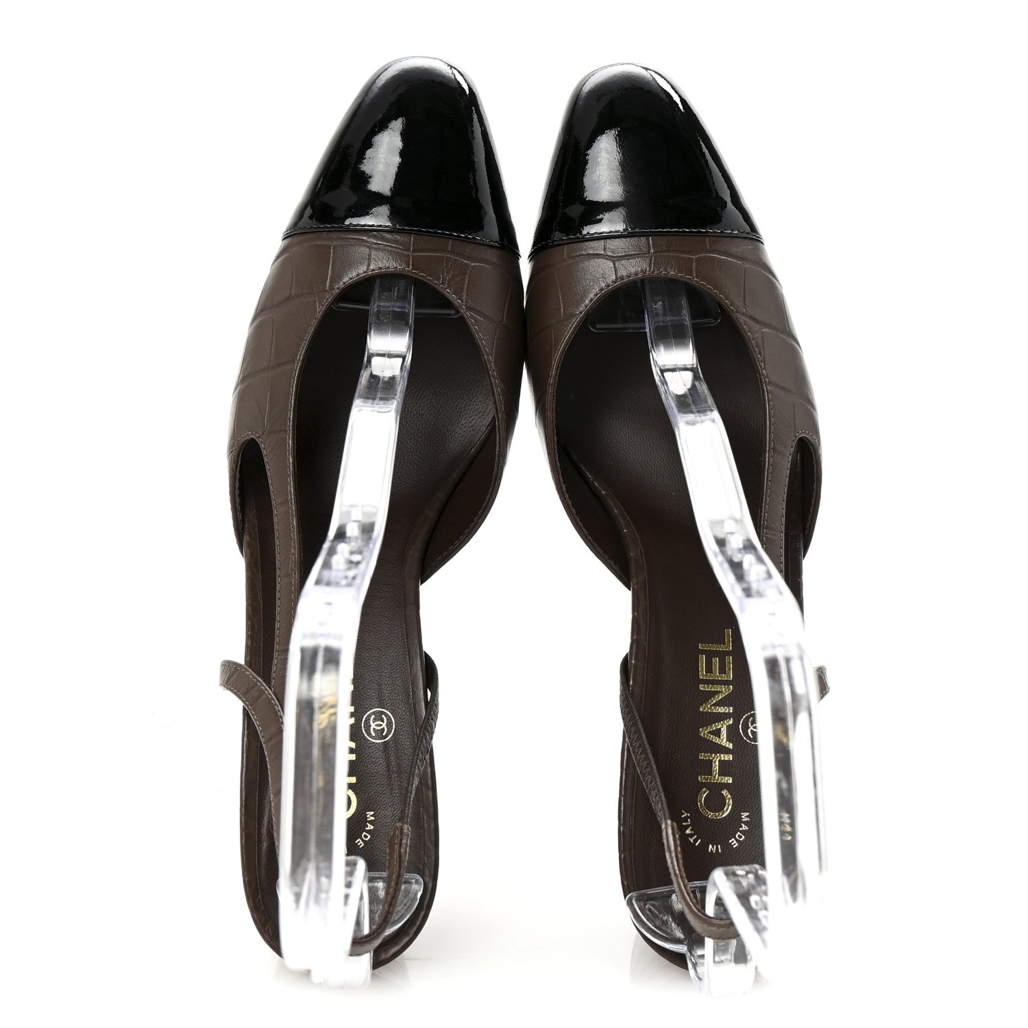 Chanel Calfskin Crocodile Embossed Patent Cap Toe CC Slingback Sandals 41 Brown Black 2 of 9