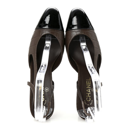 Chanel Calfskin Crocodile Embossed Patent Cap Toe CC Slingback Sandals 41 Brown Black 2 of 9