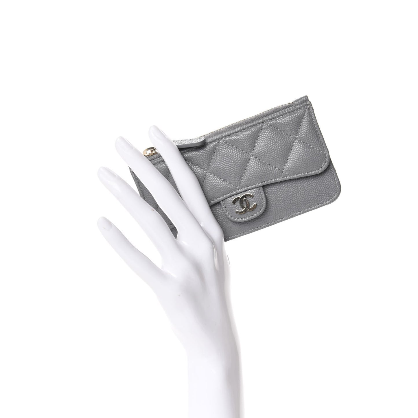Caviar Quilted Flap Zip Card Holder Grey