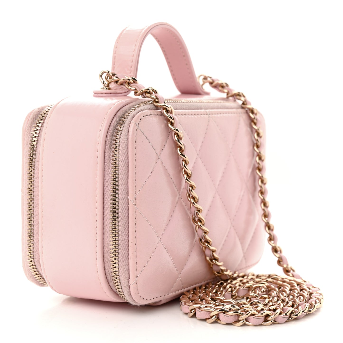 Glazed Calfskin Quilted Small Top Handle Vanity Case Light Pink