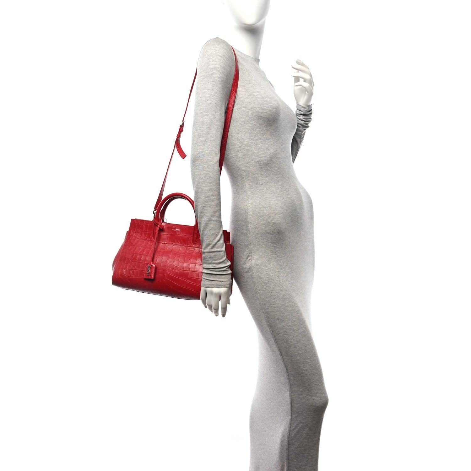 Saint Laurent Calfskin Crocodile Embossed Small Cabas Rive Gauche Red 2 of 11
