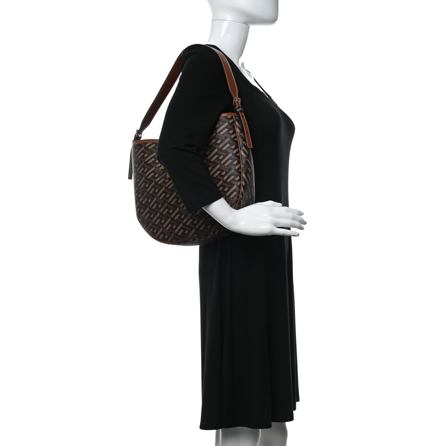 Coated Canvas Calfskin La Greca Signature Shoulder Bag Black Caramel