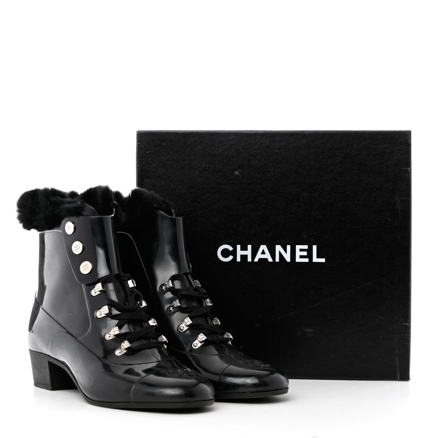 Chanel Rubber Rabbit Fur Lace Up Rain Boots 39 Black 8 of 8