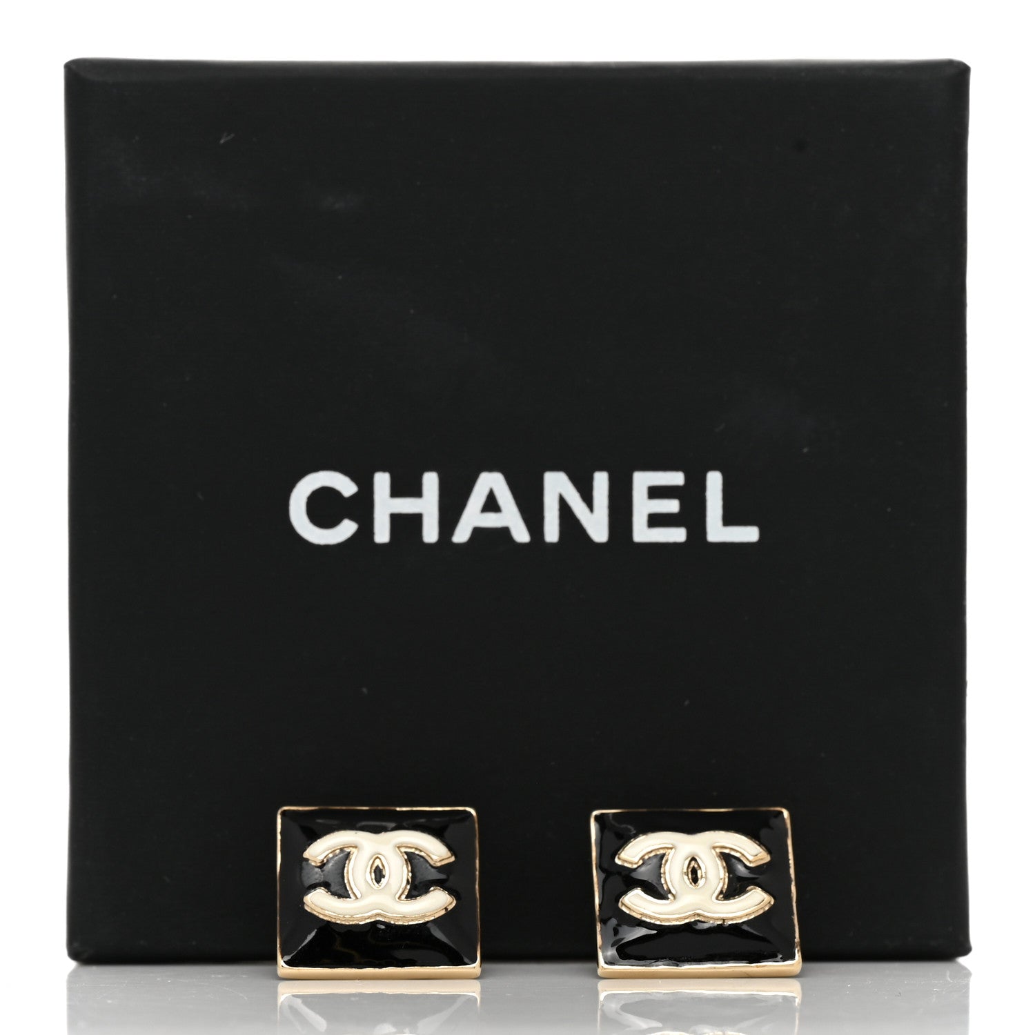 Chanel Metal Enamel CC Square Earrings Gold Black White 5 of 5