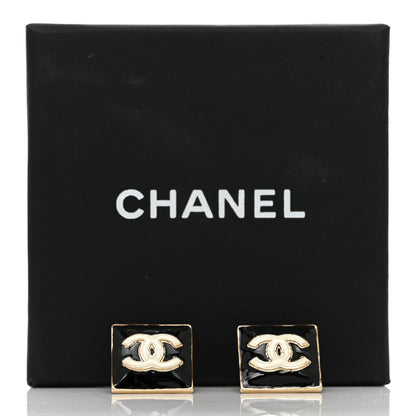 Chanel Metal Enamel CC Square Earrings Gold Black White 5 of 5