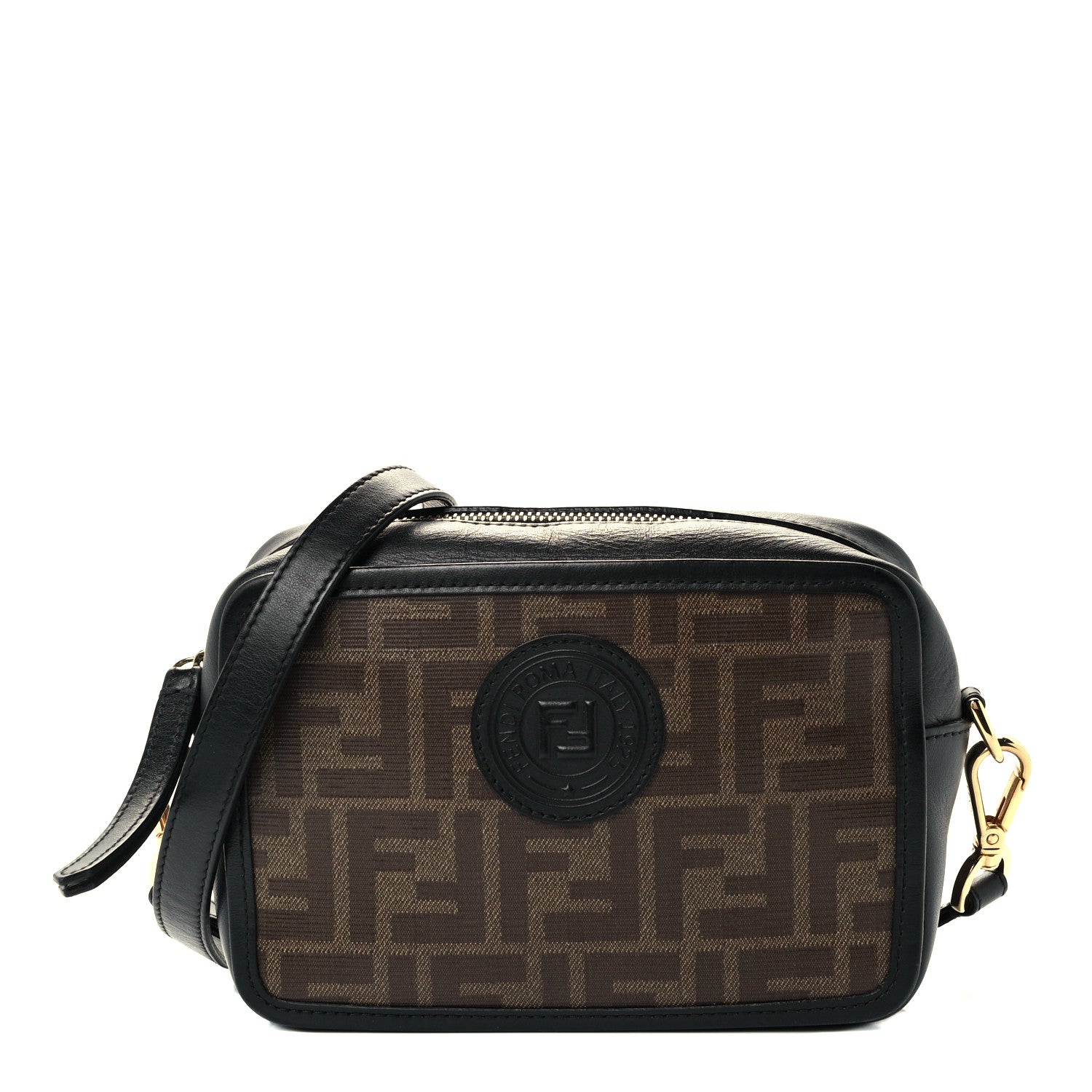 Fendi Glazed Fabric Vitello Century FF 1974 Stamp Patch Mini Camera Case Mogano Panna Black 1 of 12