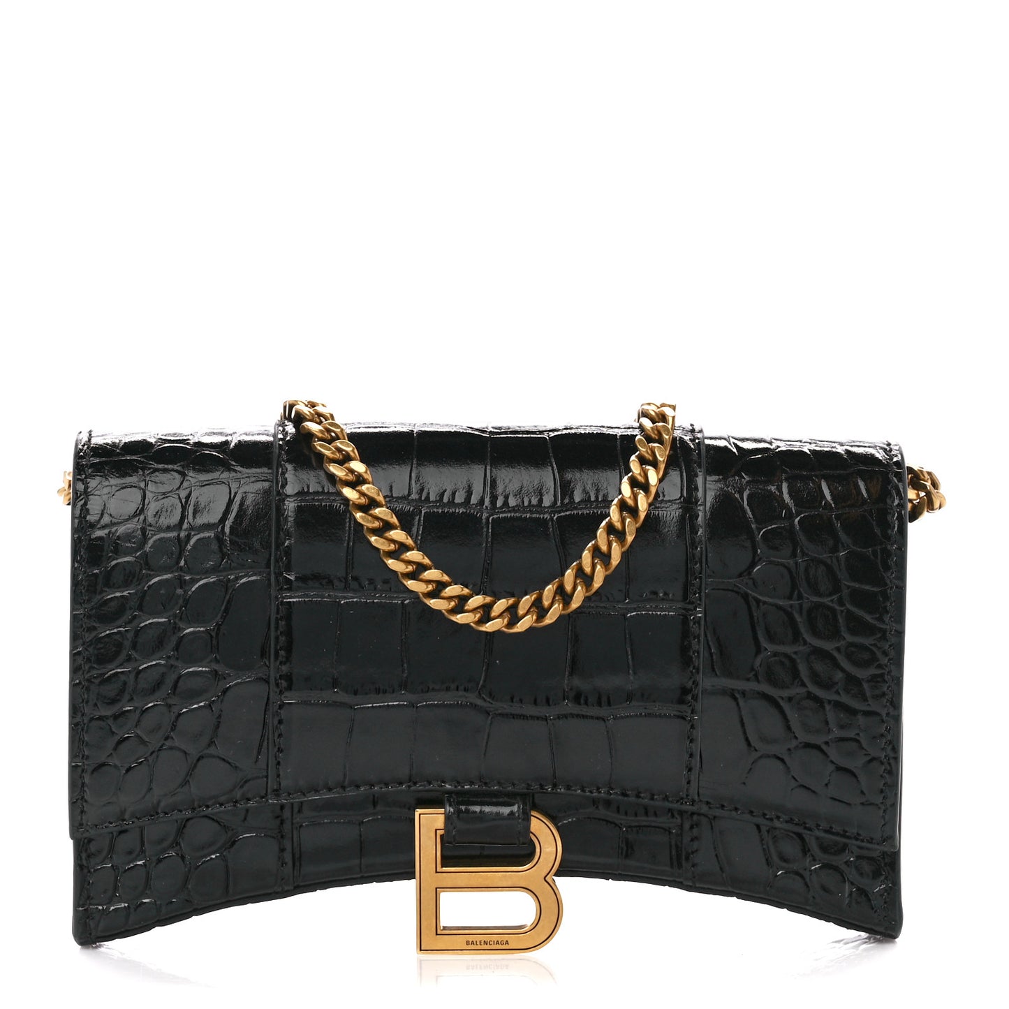 Shiny Calfskin Crocodile Embossed Hourglass Chain Bag Black