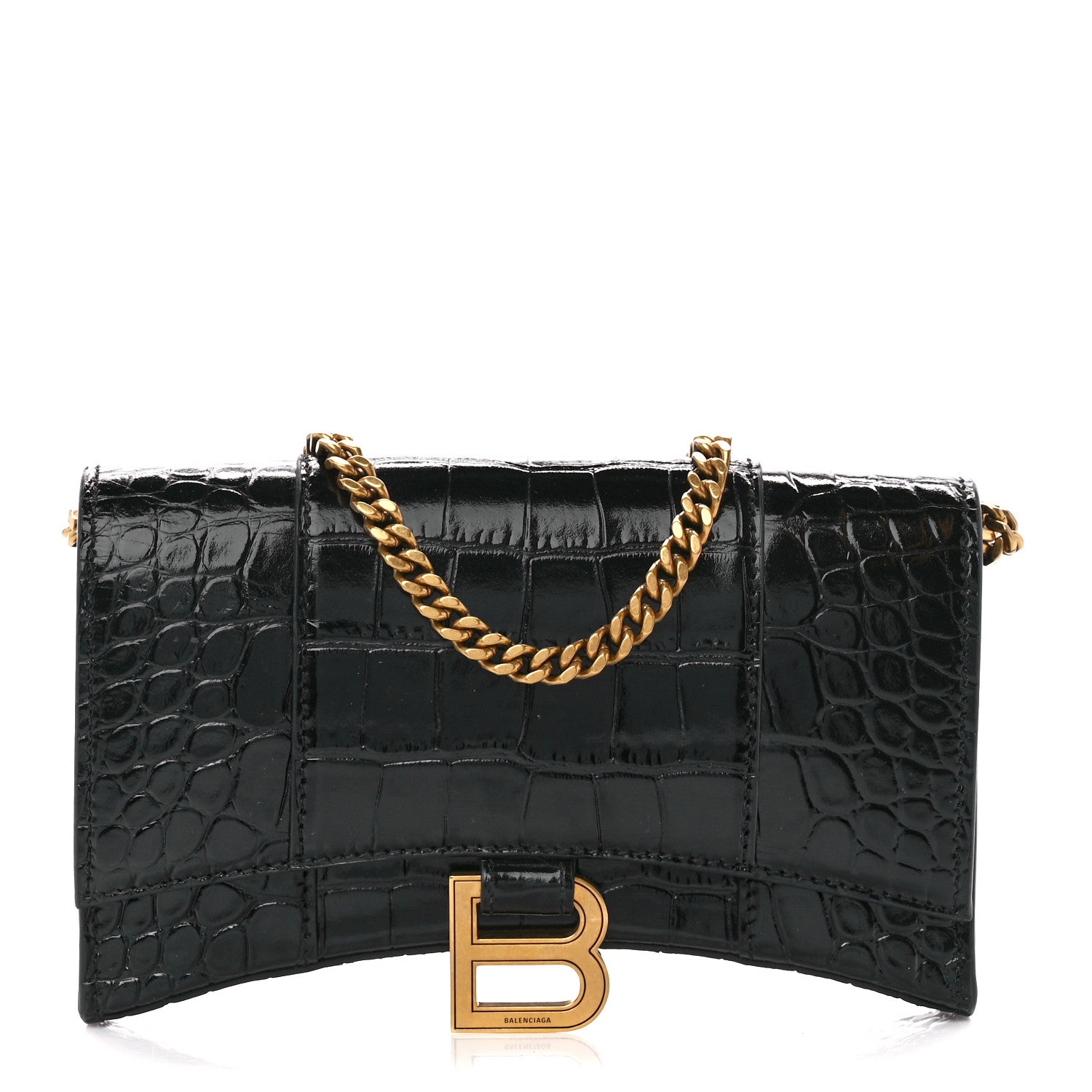 Balenciaga Shiny Calfskin Crocodile Embossed Hourglass Chain Bag Black 1 of 12