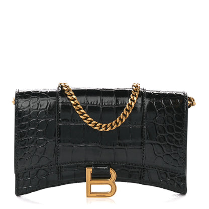 Balenciaga Shiny Calfskin Crocodile Embossed Hourglass Chain Bag Black 1 of 12