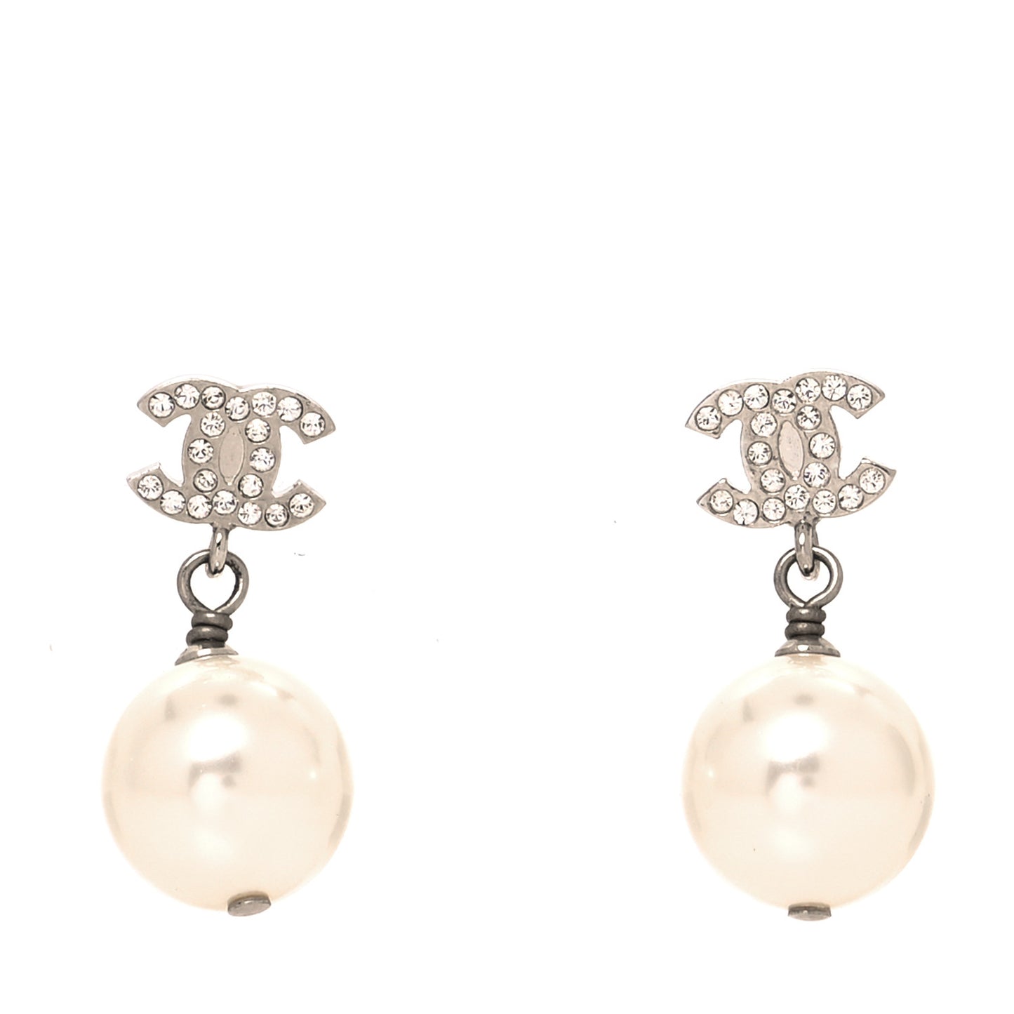 Crystal Pearl CC Drop Earrings Silver Pearly White