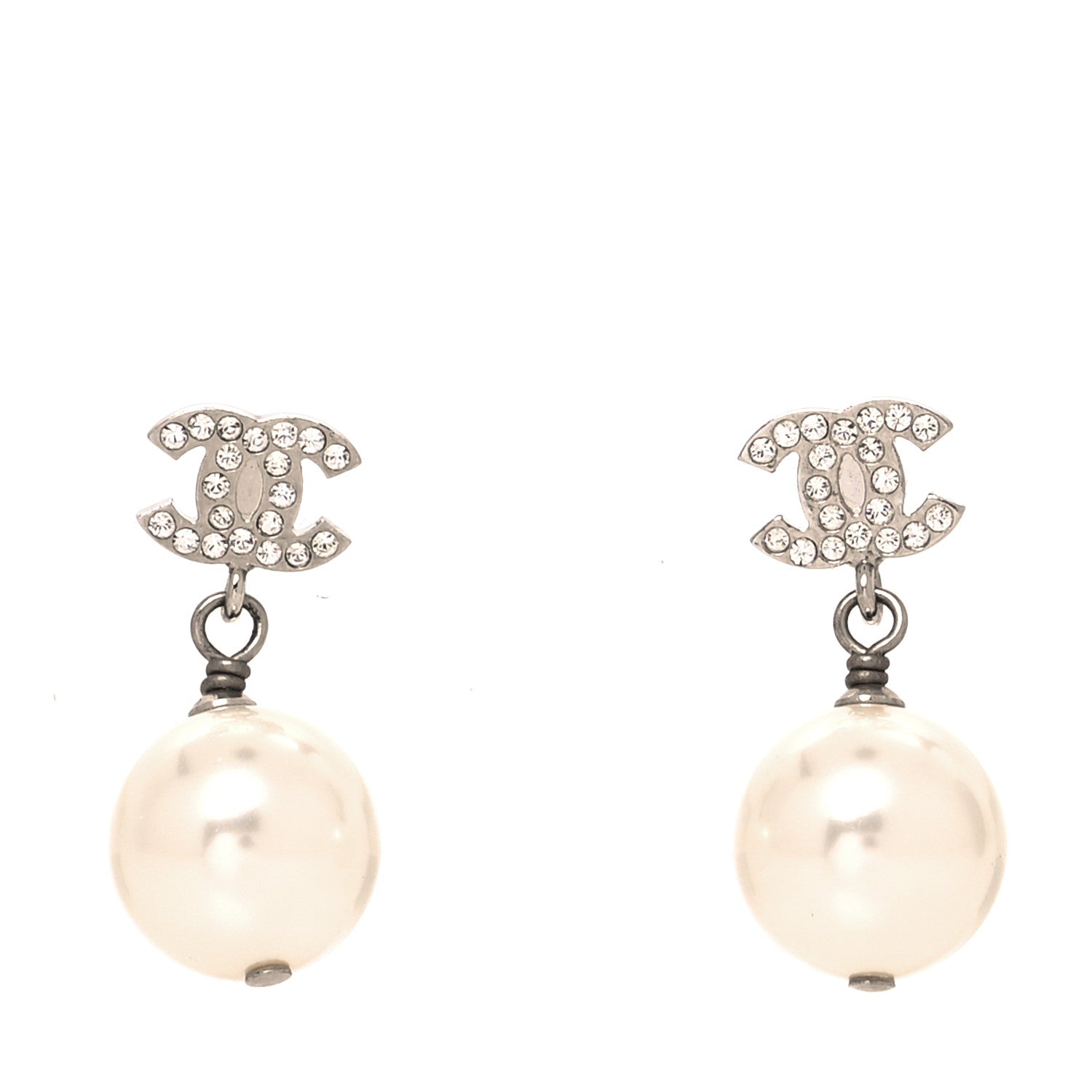 Chanel Crystal Pearl CC Drop Earrings Silver Pearly White 1 of 4