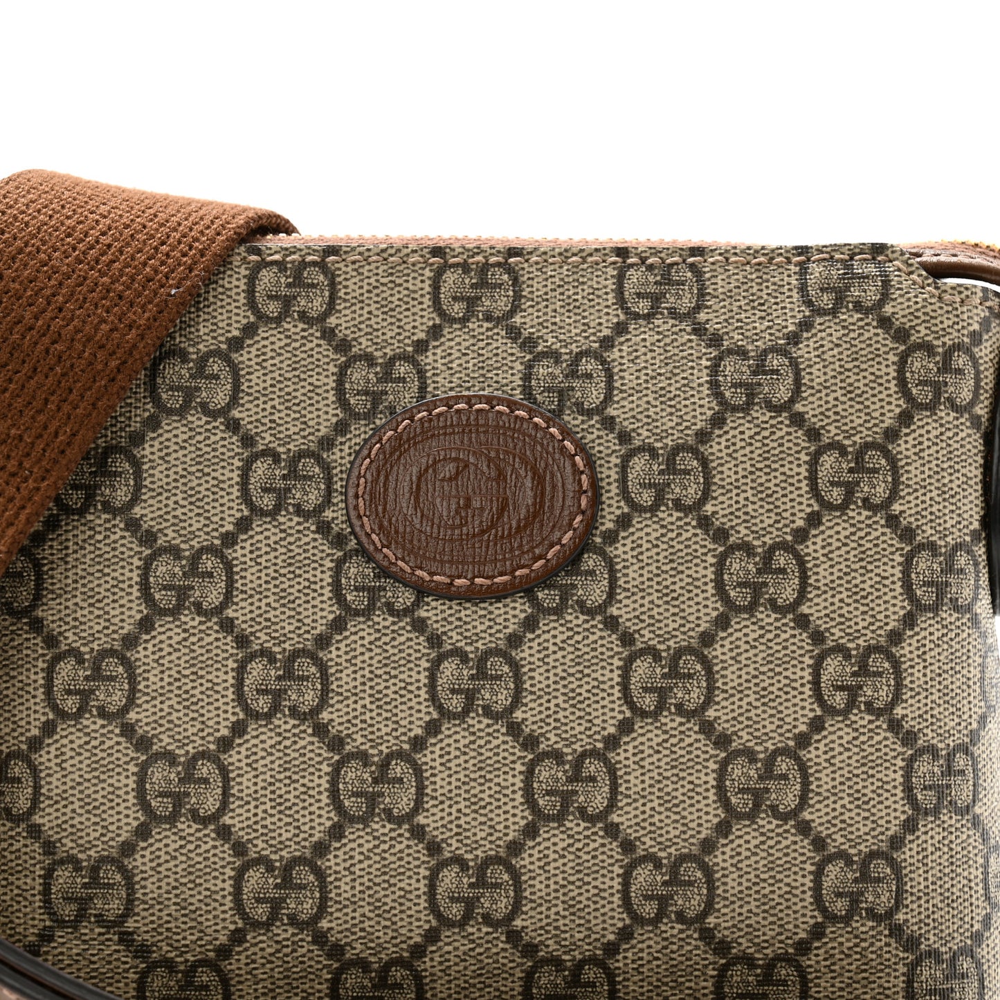 GG Supreme Monogram Azalea Calfskin Small Retro Interlocking G Wristlet Messenger Bag Beige Ebony Brown Sugar