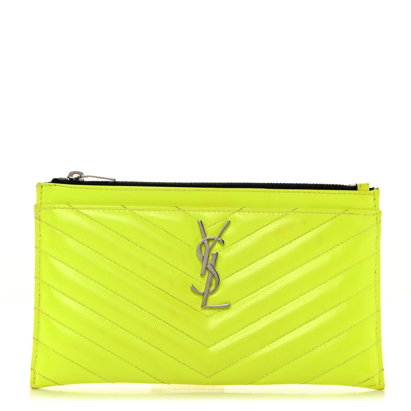 Patent Grain De Poudre Matelasse Chevron Monogram Bill Pouch Neon Yellow