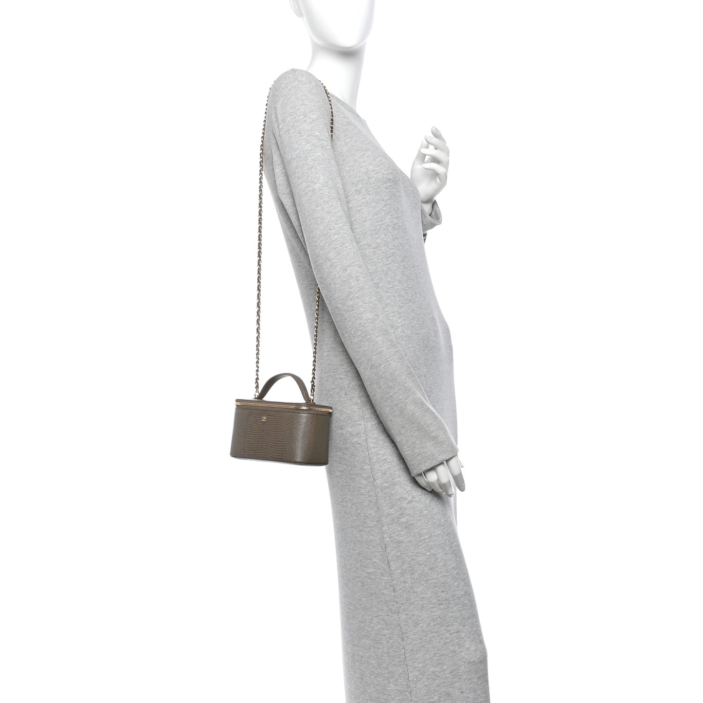 Calfskin Lizard Embossed Top Handle Vanity With Chain Dark Khaki