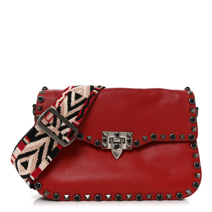 Valentino Garavani Grained Calfskin Onyx Medium Guitar Strap Rockstud Rolling Flap Saddle Bag Rosso Valentino 2 of 17