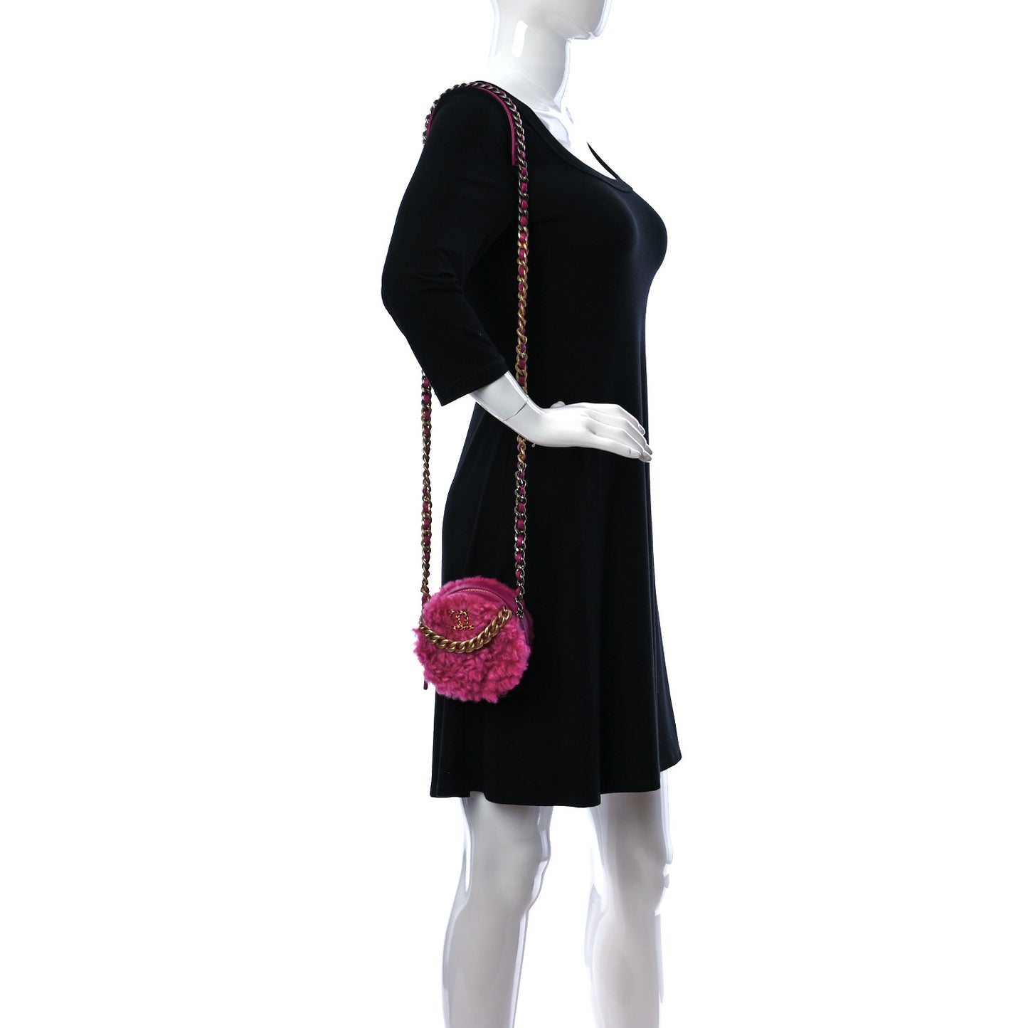 Shearling Sheepskin Chanel 19 Round Clutch With Chain Dark Pink
