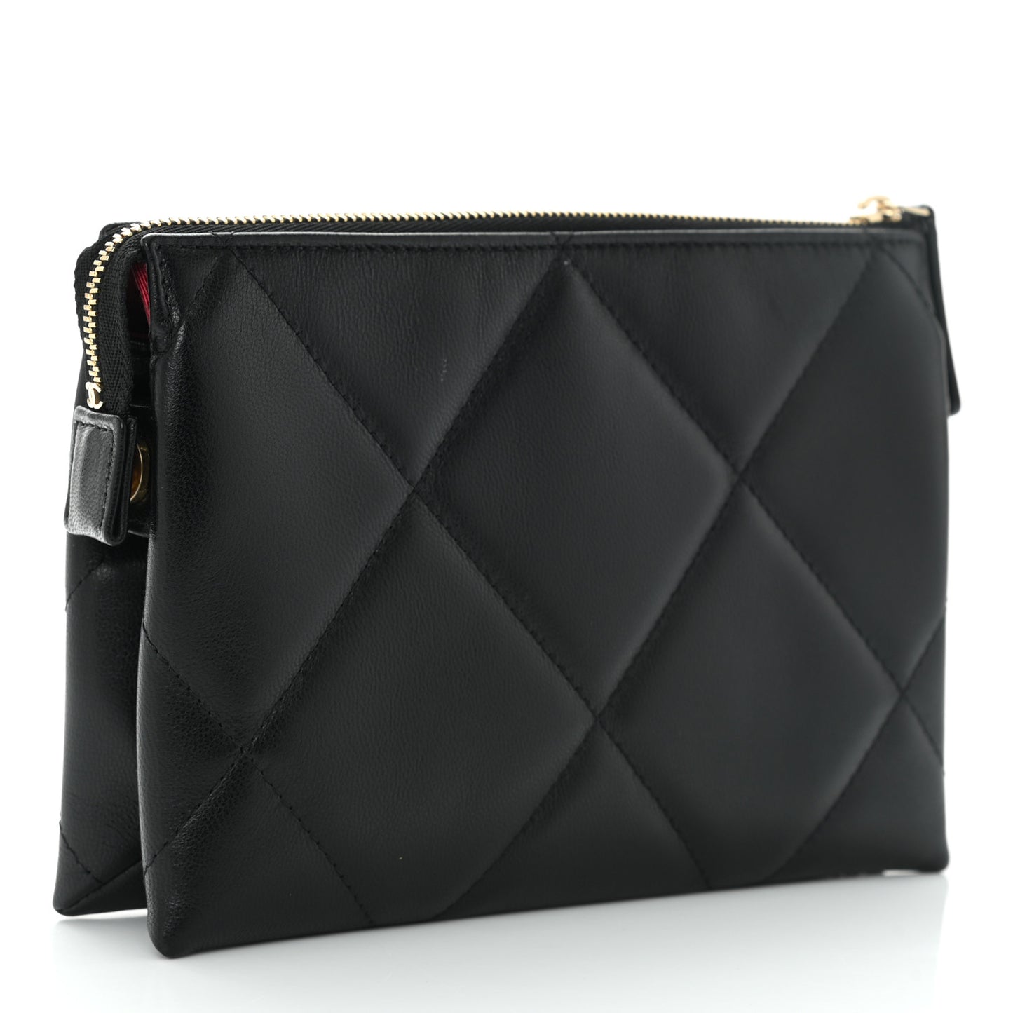 Shiny Goatskin Quilted Small Chanel 19 Pouch With Handle Black