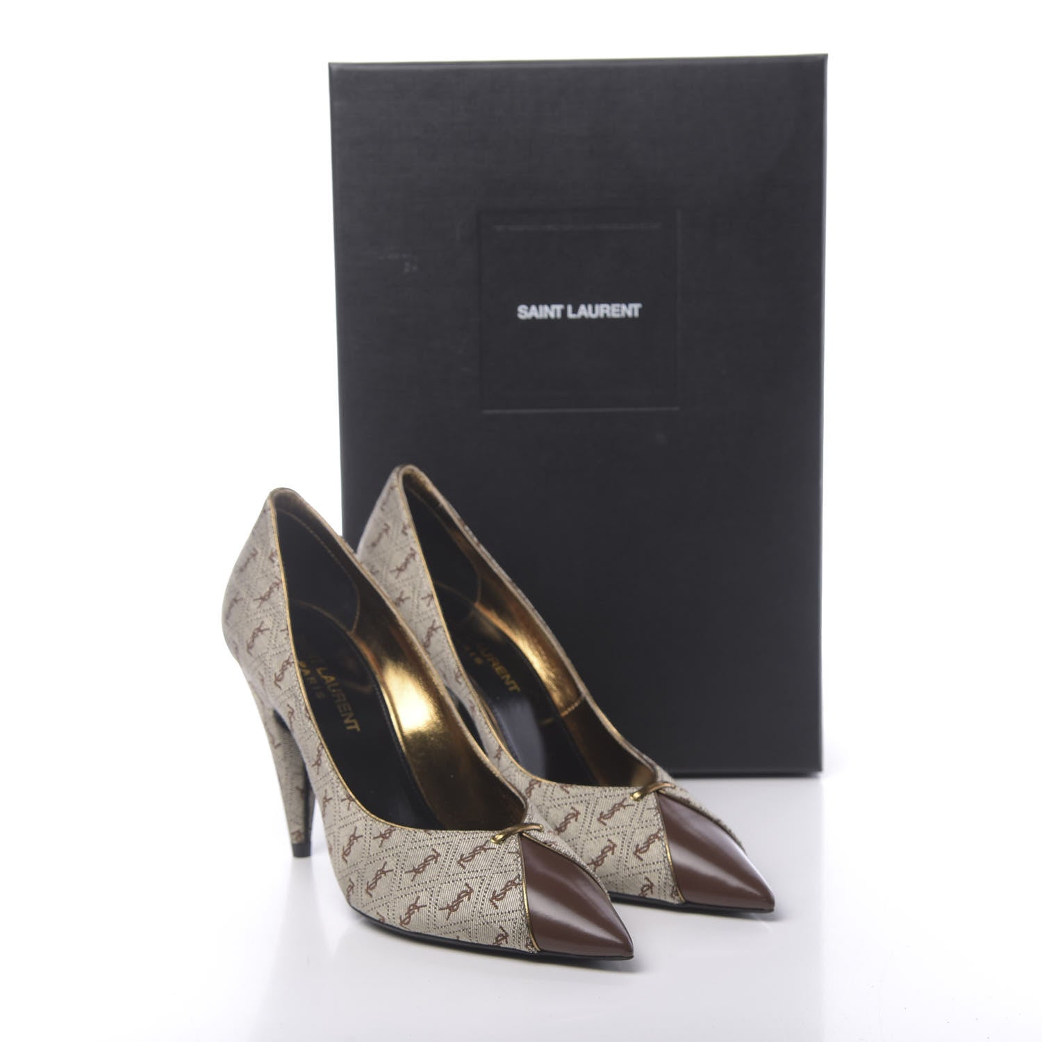 Saint Laurent Silk Blend Monogram Lola Cap Toe Pumps 36 Beige 9 of 9