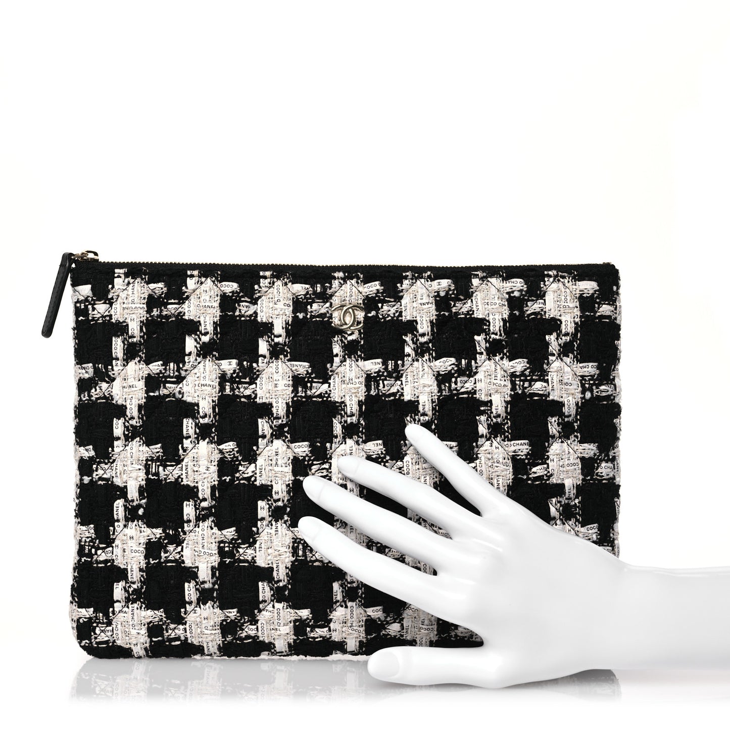 Tweed Quilted Medium Cosmetic Pouch Black Ecru White