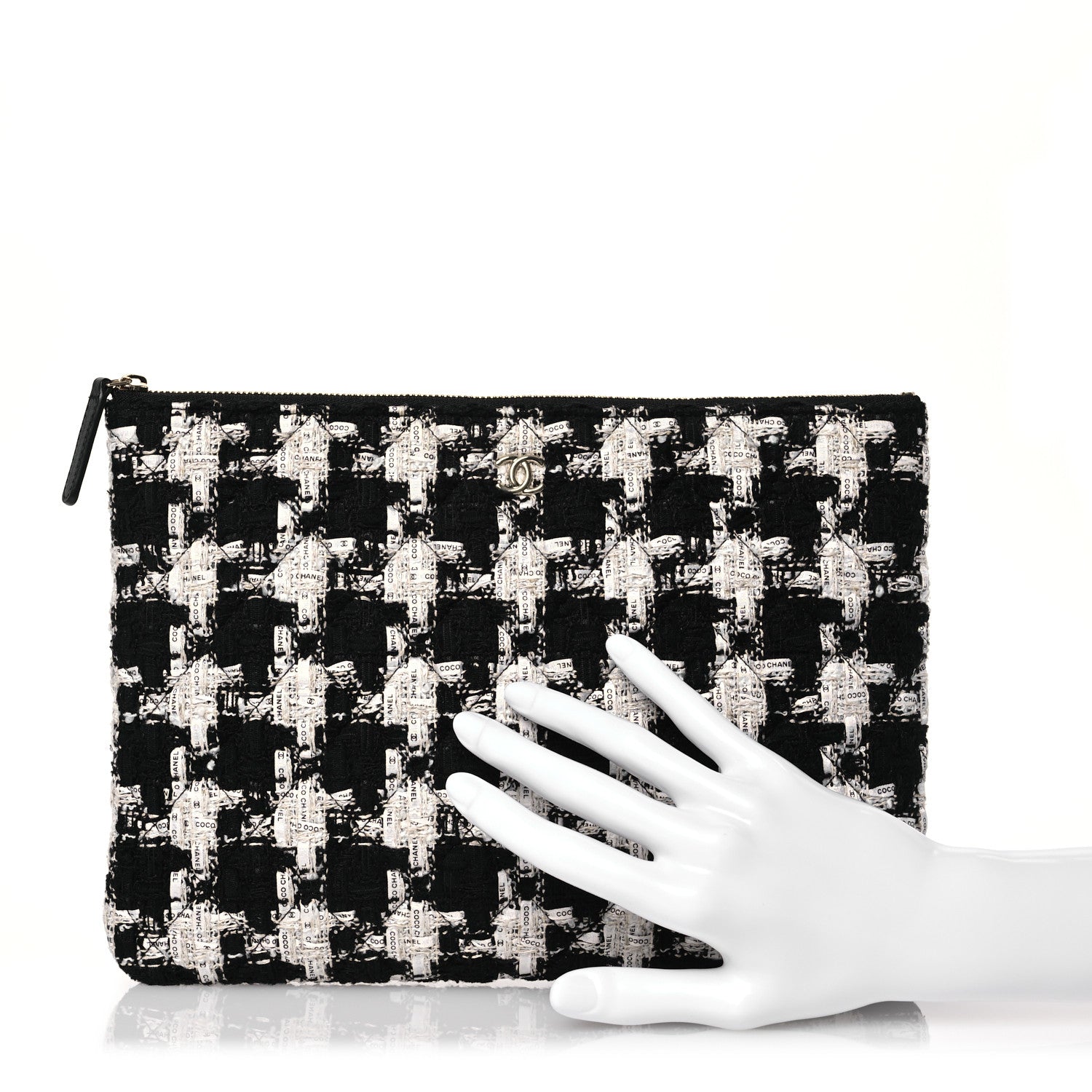 Chanel Tweed Quilted Medium Cosmetic Pouch Black Ecru White 2 of 8