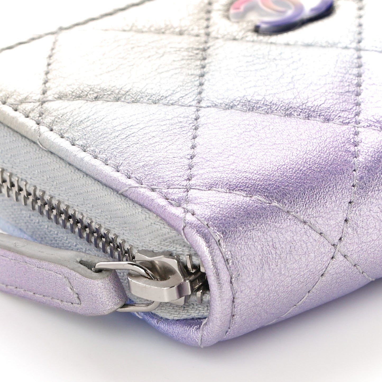 Gradient Metallic Calfskin Quilted Zip Around Coin Purse Wallet Silver Blue Yellow Purple