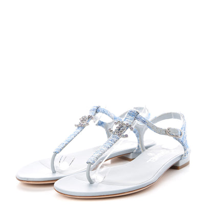 Chanel Fantasy Tweed CC Flat Sandals 37 Light Blue 3 of 9