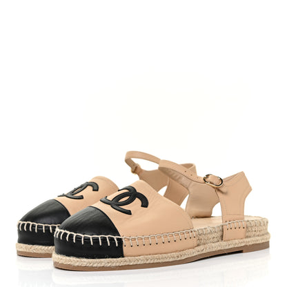 Chanel Lambskin Cap Toe CC Espadrille Sandals 37 Beige Black 2 of 9