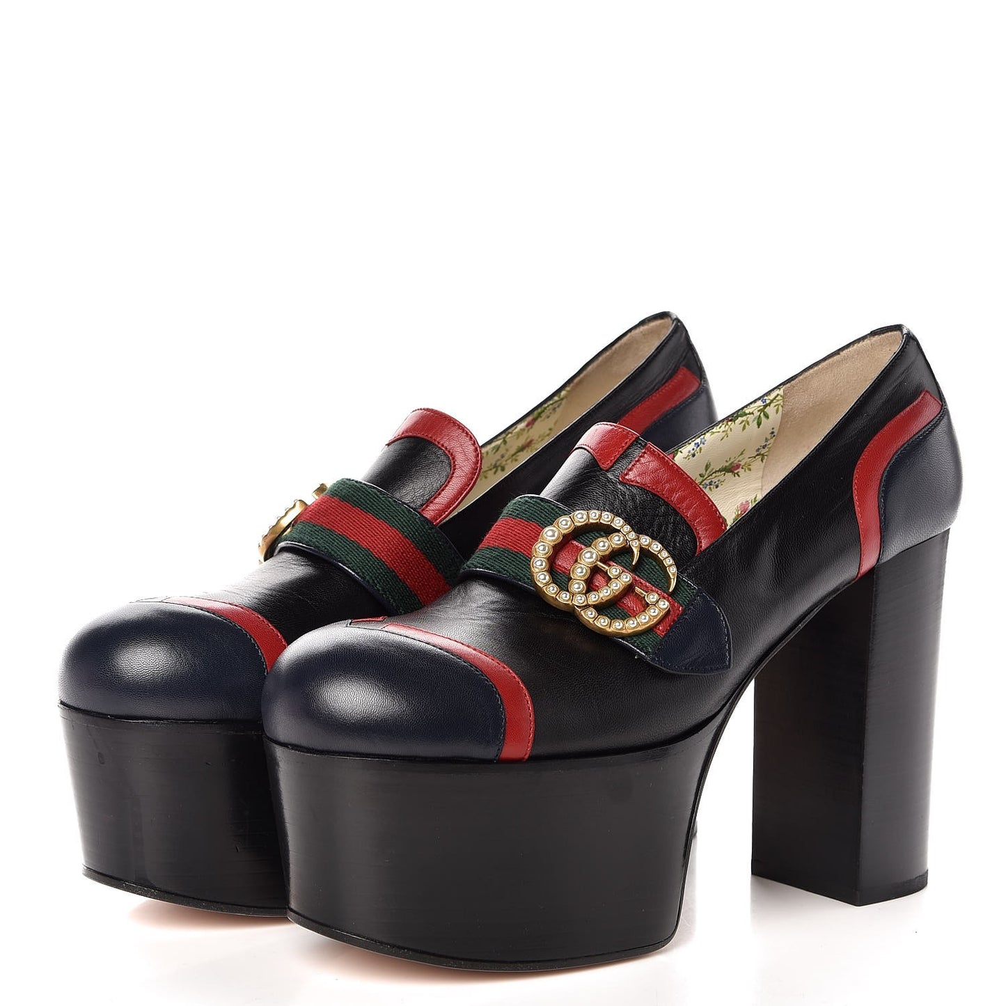 Malaga Kid Web Pearly GG Platform Loafer Pumps 39.5 Black Hibiscus Red Mystic White Blue