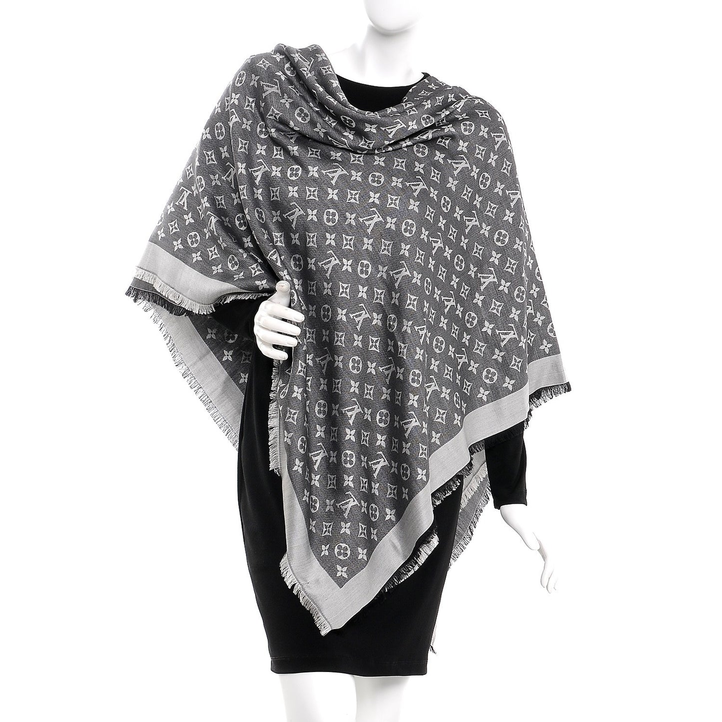 Wool Silk Monogram Denim Shawl Black
