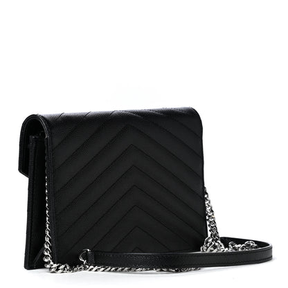 Saint Laurent Grain De Poudre Matelasse Chevron Monogram Envelope Chain Wallet Black 4 of 8